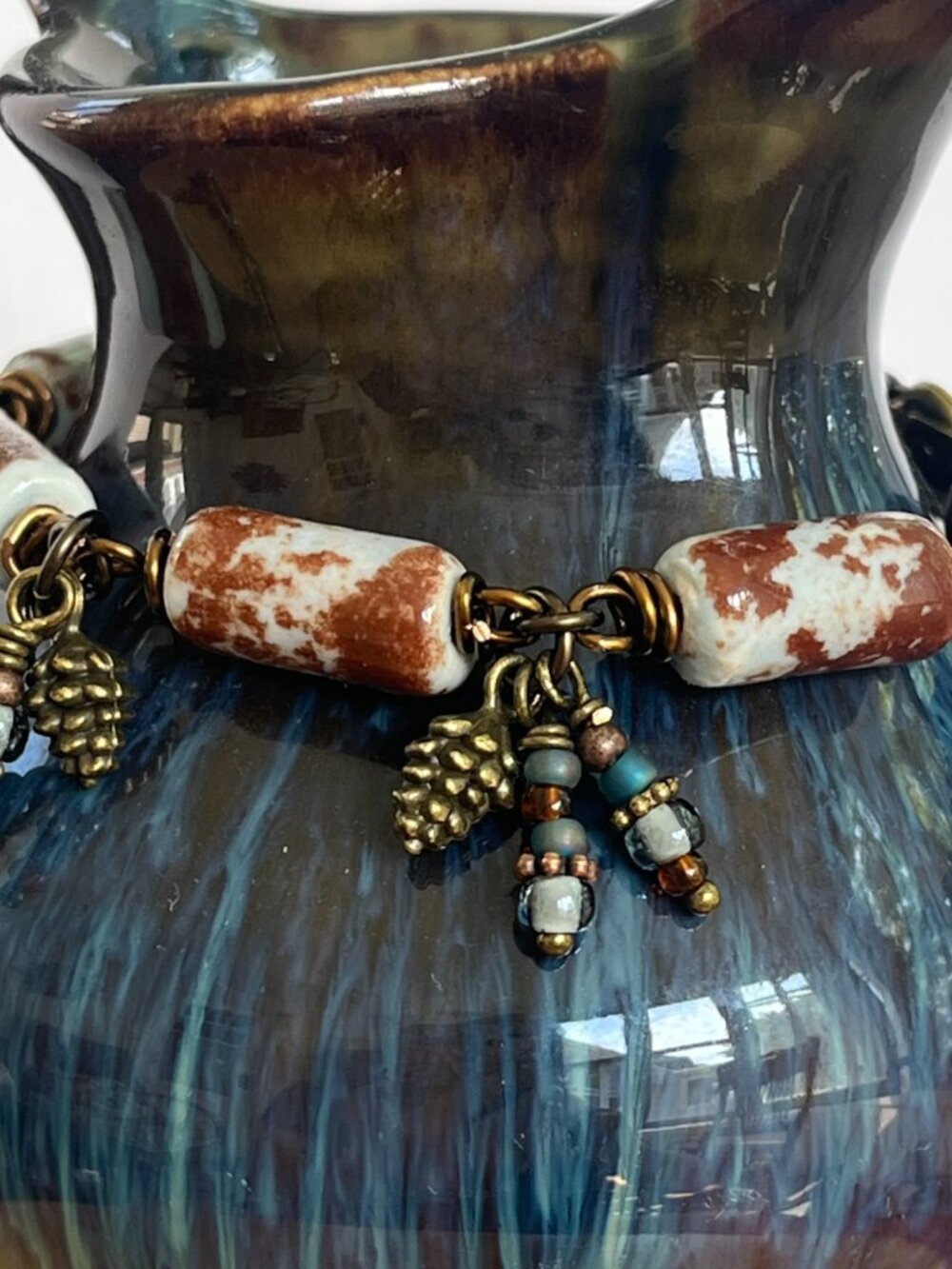 Boho Ceramic Beaded Bracelet | Pinecone Charms, Bead Dangles | Earthy Chunky